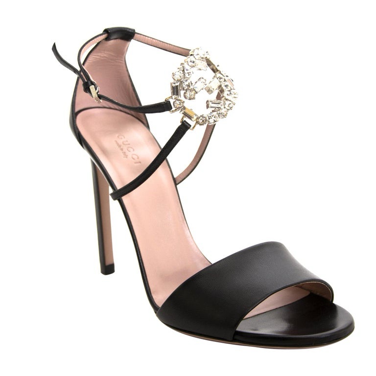 Gucci || Gg Crystal Embellished Black Leather High Heel Strappy Sandal Us 9.5